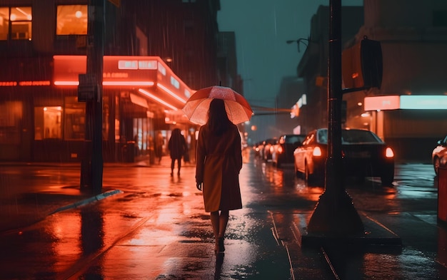 Eine Frau geht mit einem Regenschirm im Regen eine verregnete Straße entlang.
