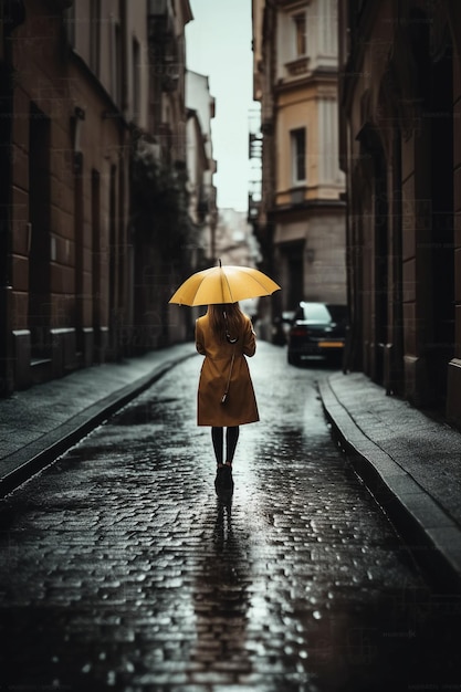 Eine Frau geht mit einem Regenschirm in der Regen eine Straße entlang.