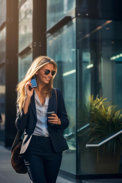 Foto eine frau geht mit einem telefon in der hand die straße entlang