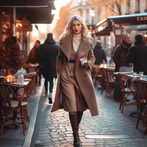 Eine Frau geht mit einer Tasse Kaffee eine Straße entlang.