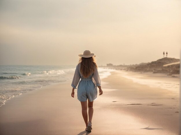 Eine Frau geht mit Hut und Hut am Strand spazieren