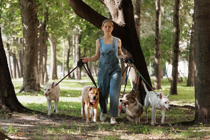 Foto eine frau geht mit ihren hunden im park spazieren
