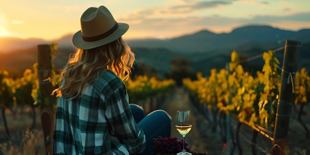 Foto eine frau genießt den sonnenuntergang in einem weinberg mit einem glas wein