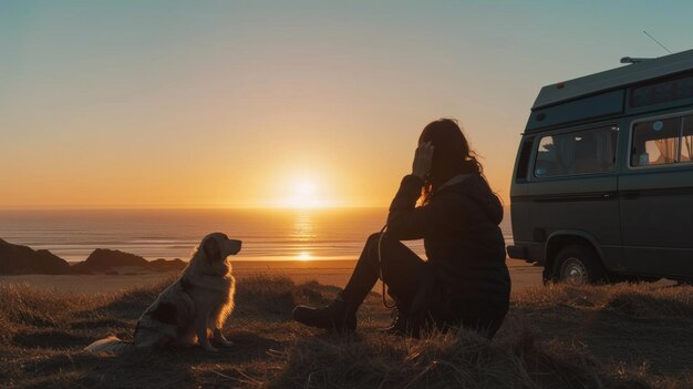 Eine Frau genießt den Sonnenuntergang mit ihrem Hund in der Nähe eines Wohnwagens am Meer