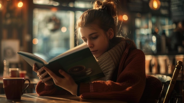 Eine Frau genießt eine Tasse Kaffee in einem gemütlichen Café mit einem Buch in der Hand