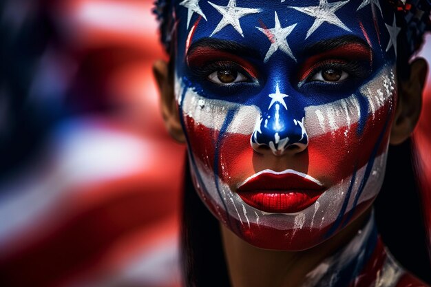 Foto eine frau, geschmückt mit gesichtsbemalung in den leuchtenden farben der amerikanischen flagge