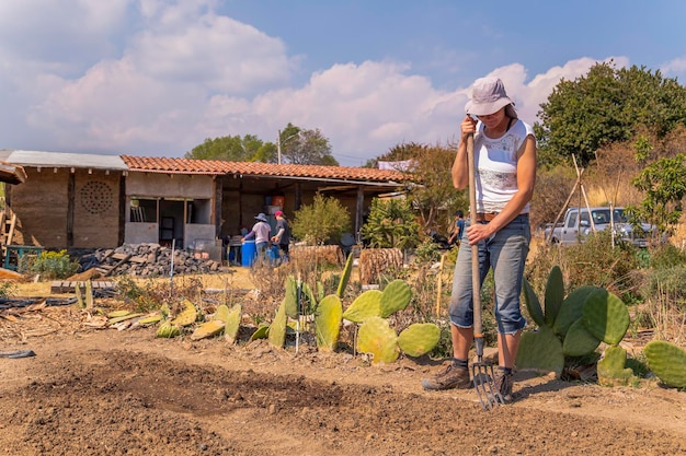 Eine Frau gräbt den Boden auf einem Blumenbeet