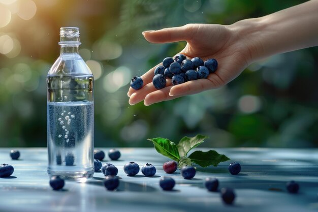 Eine Frau greift mit der Hand nach einer Glasflasche Wasser mit Blaubeeren