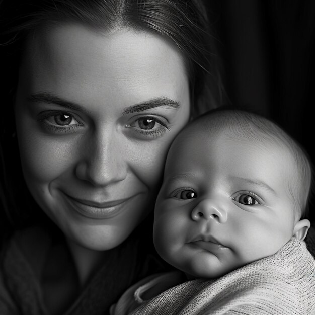 Foto eine frau hält ein baby und einen schwarzen hintergrund mit der aufschrift „baby“.