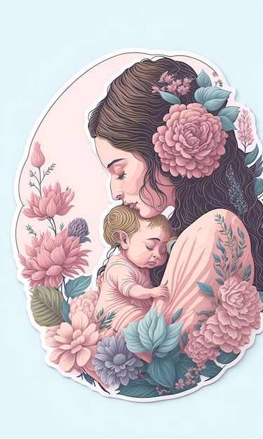 Eine Frau hält ein Baby und trägt ein geblümtes Kleid.