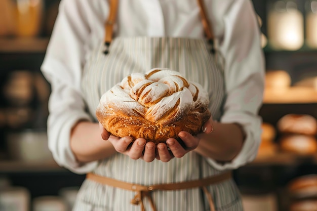 Eine Frau hält ein Brot in den Händen