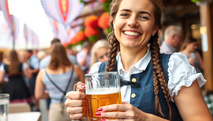 Foto eine frau hält ein glas bier und lächelt