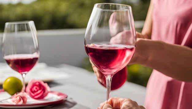 eine Frau hält ein Glas Wein und einen Teller mit einer Rose drin