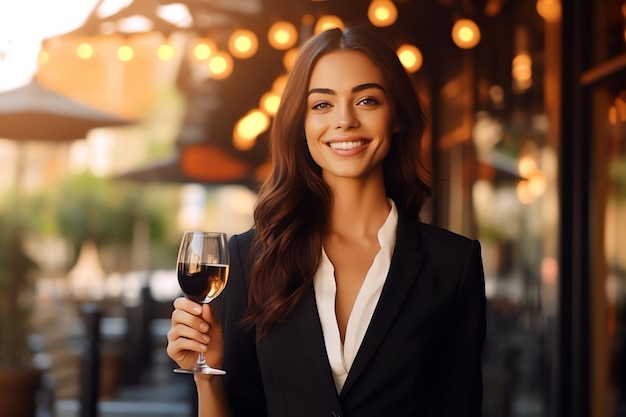 Eine Frau hält ein Glas Wein vor einem Restaurant.