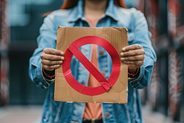 Foto eine frau hält ein kartonzeichen mit einem no-sign darauf