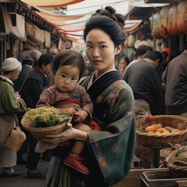 eine Frau hält ein Kind mit einem Korb Brokkoli