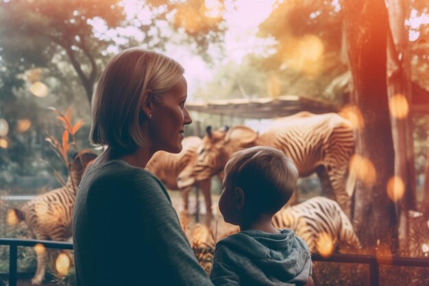 Eine Frau hält ein Kind und schaut auf ein generatives KI-Bild eines Zebras