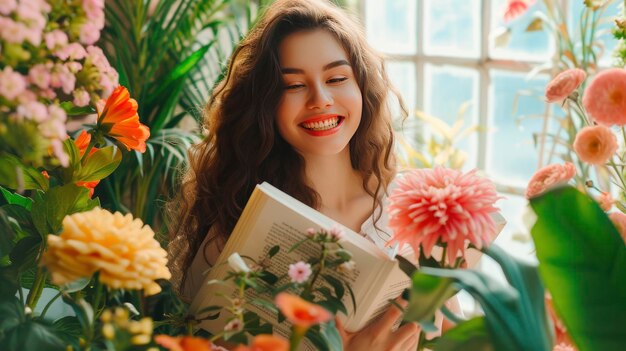 Eine Frau hält ein offenes Buch mit Blumen.