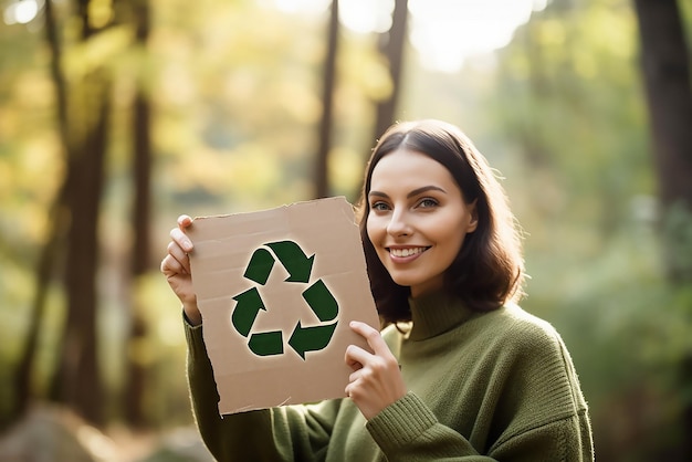 Eine Frau hält ein Recycling-Schild in einem Wald