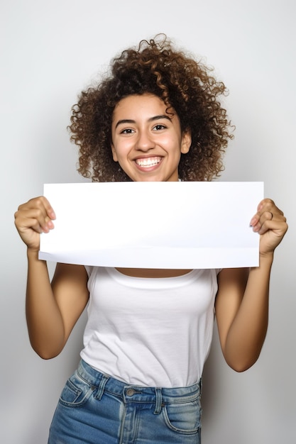 Eine Frau hält ein Schild hoch und lächelt im Gesicht. Generatives KI-Bild