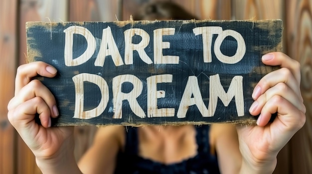 Foto eine frau hält ein schild mit der aufschrift dare to dream auf einem verschwommenen hintergrund für motivation und erfolg