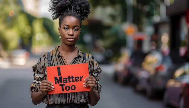 Foto eine frau hält ein schild mit der aufschrift ich bin auch wichtig