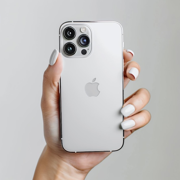 eine Frau hält ein silbernes iPhone mit ausgeschaltetem Kameraobjektiv