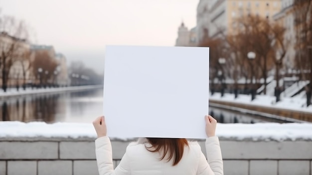 Eine Frau hält ein weißes Blatt Papier vor einen Fluss.