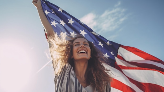 Eine Frau hält eine amerikanische Flagge vor einem blauen Himmel