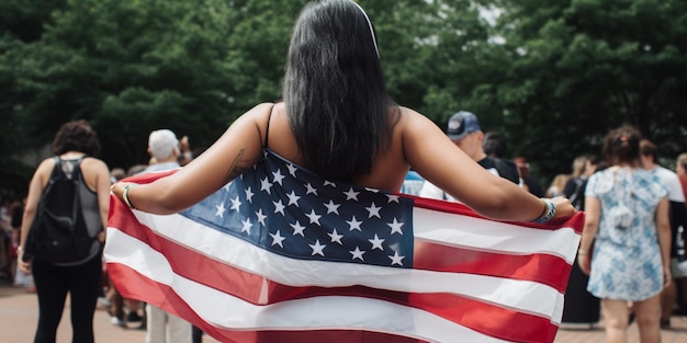 Eine Frau hält eine amerikanische Flagge vor einer Menschenmenge.