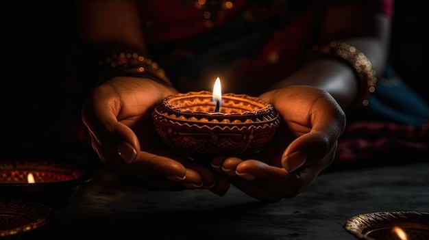Eine Frau hält eine brennende Kerze in ihren Händen.