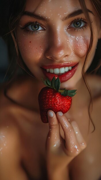 Foto eine frau hält eine erdbeere mit offenem mund