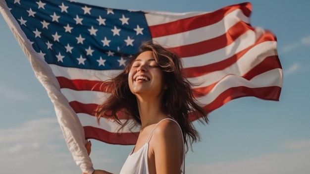 Eine Frau hält eine Fahne und lächelt
