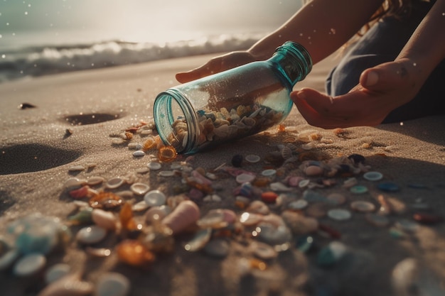 Eine Frau hält eine Flasche Muscheln am Strand.