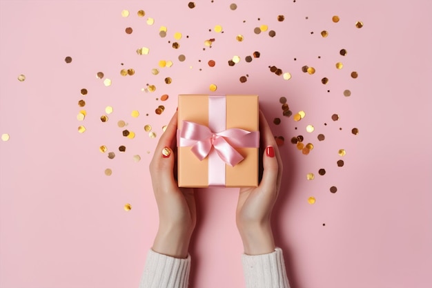 Eine Frau hält eine Geschenkbox mit rosa Schleife auf rosa Hintergrund