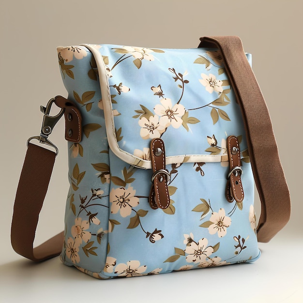 Eine Frau hält eine Handtasche mit einem Blumenmuster darauf und einen braunen Gürtel um die Schulter und eine