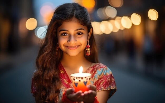 Eine Frau hält eine Kerze im Diwali-Ferien