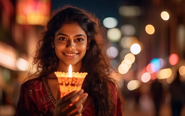 Eine Frau hält eine Kerze im Diwali-Ferien