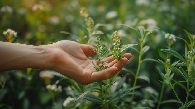 eine Frau hält eine Pflanze mit Blumen in der Hand