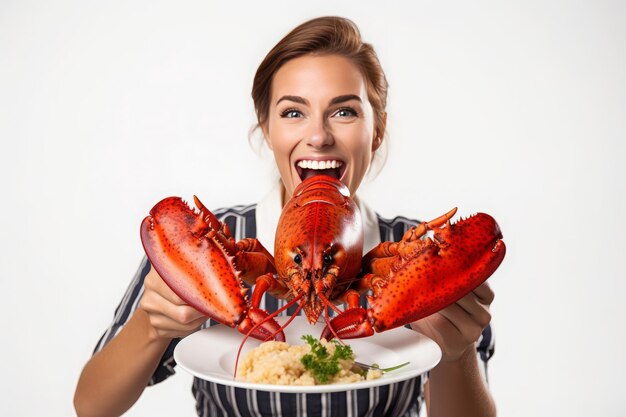 Foto eine frau hält eine platte mit hummern und eine platte mit essen