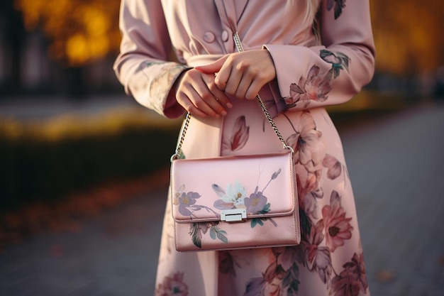 Foto eine frau hält eine rosa handtasche und trägt ein blumiges kleid