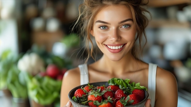 Eine Frau hält eine Schüssel Erdbeeren