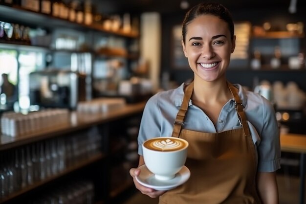 Foto eine frau hält eine tasse cappuccino in einem café.