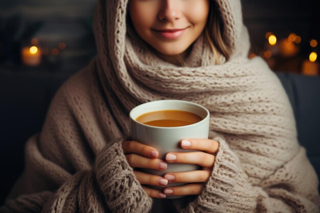 Eine Frau hält eine Tasse heißes Getränk, während sie sich im Winter zu Hause auf einer Plattendecke entspannt