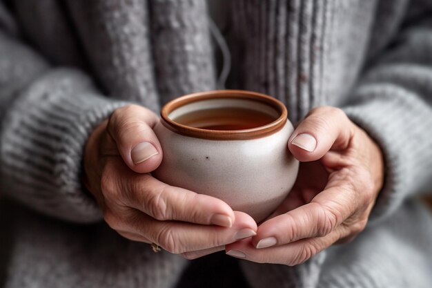 Eine Frau hält eine Tasse Tee in ihren Händen.