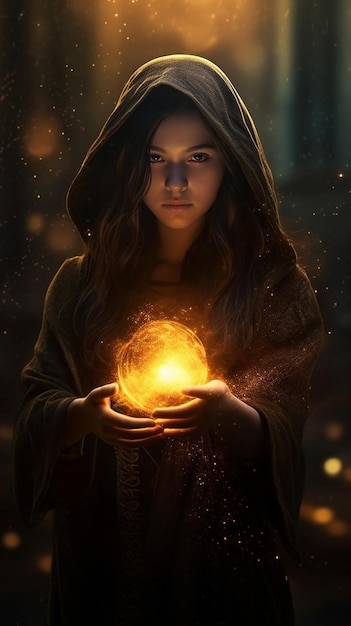 Eine Frau hält einen Ball mit dunklem Hintergrund und dem Titel „Das letzte Licht“