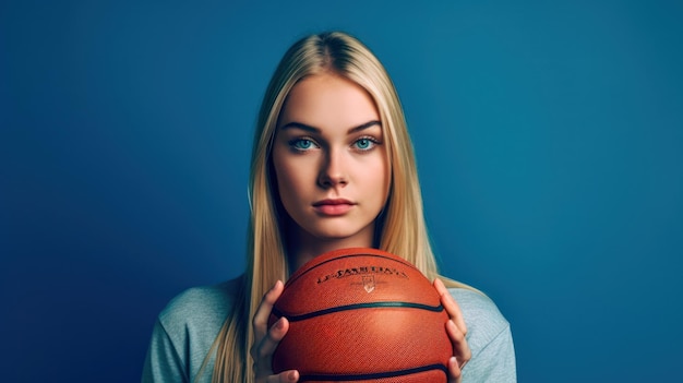 Eine Frau hält einen Basketball mit der Aufschrift „La Cantina“ in der Hand