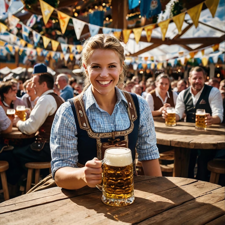 Foto eine frau hält einen becher bier und lächelt