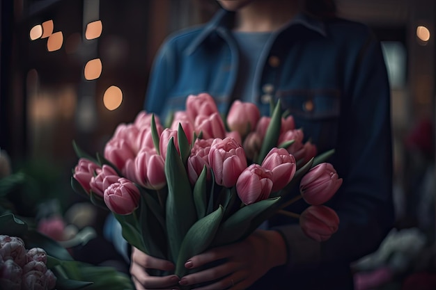 Eine Frau hält einen Blumenstrauß rosafarbener Tulpen