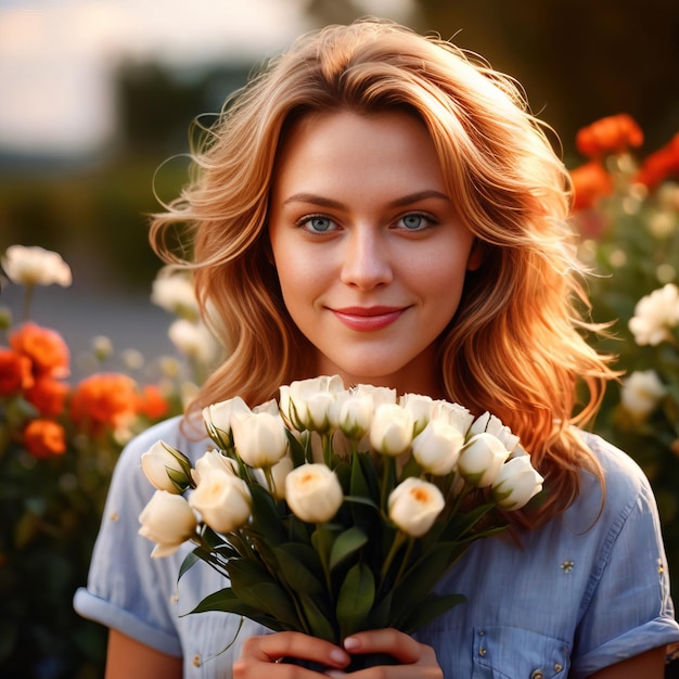 Eine Frau hält einen Blumenstrauß, um eine Geste der romantischen Liebe zum Valentinstag zu teilen